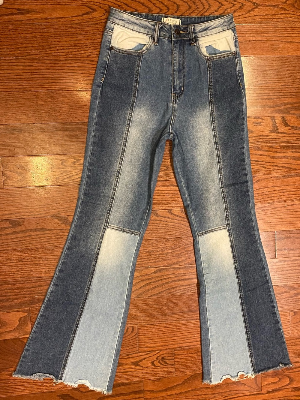 Harper Heritage Jeans Sz 26 Blue Denim Multi-colored High Rise Flare Raw Hem